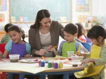 Teacher helping students in art class